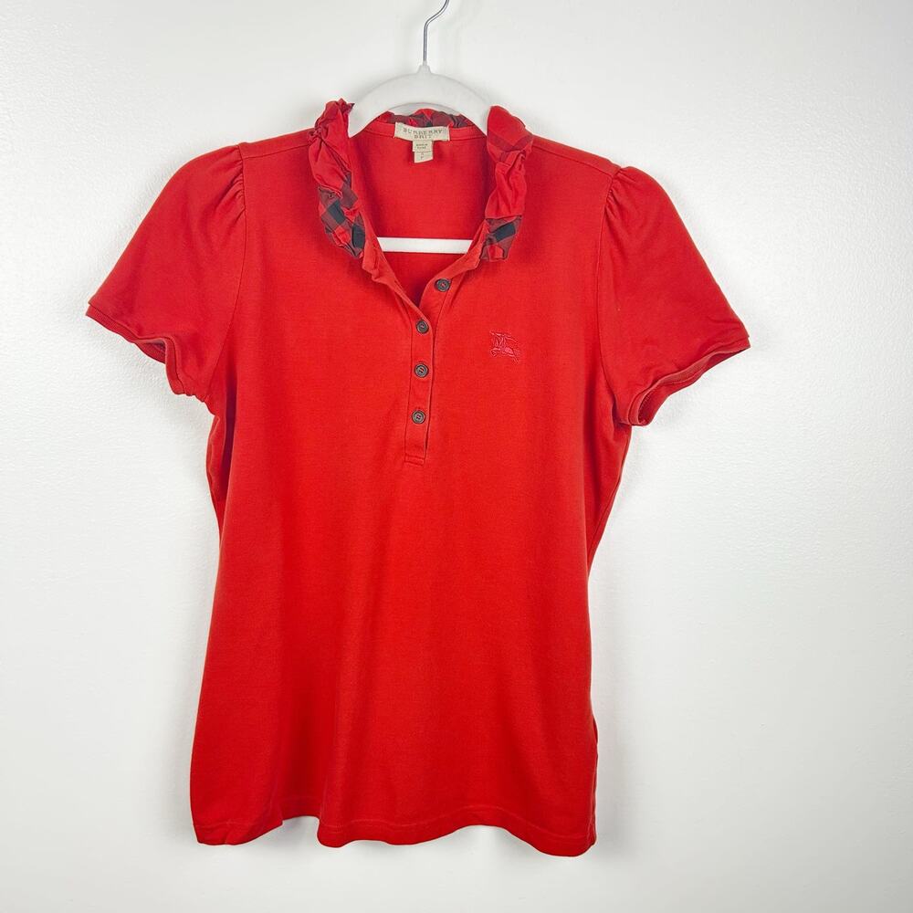 Burberry Brit Red Orange Plaid Polo Shirt Ruffle Collar Women’s Size Small